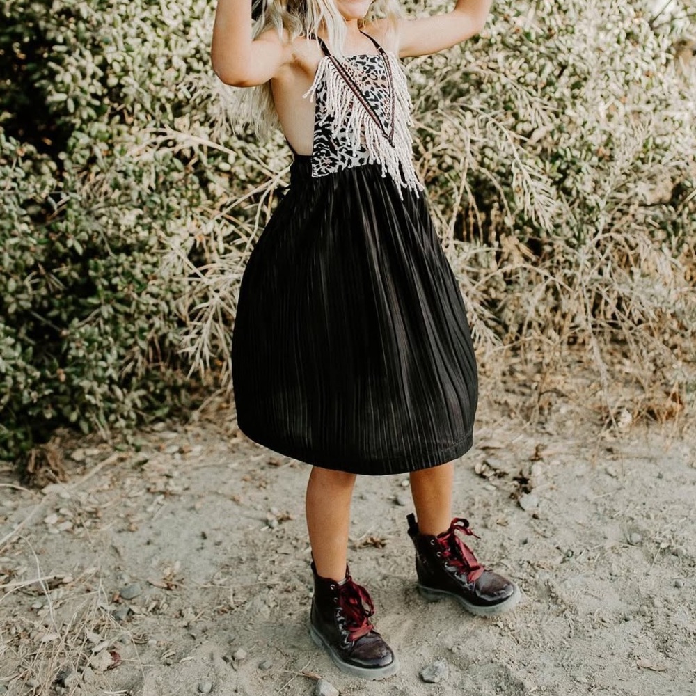 Little Baberham Dress Black Pleated Dress with Leopard Print and Fringe